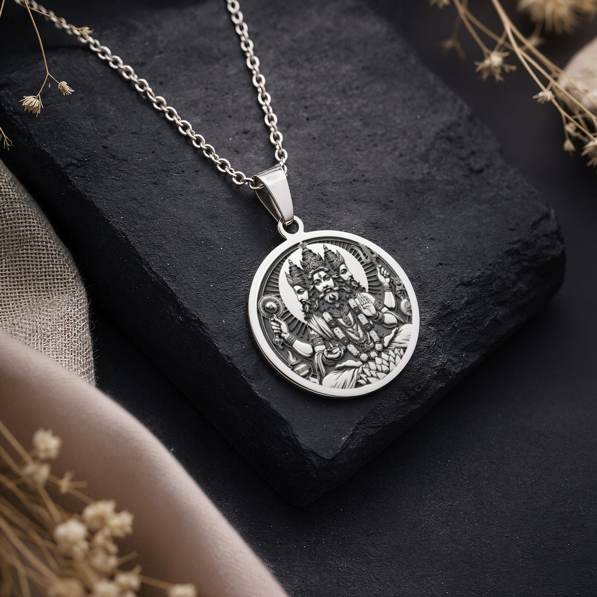 Brahma Creator God Pendant Pendants 925 925 Sterling Silver circular medallion pendant necklace with an ornate figure design.