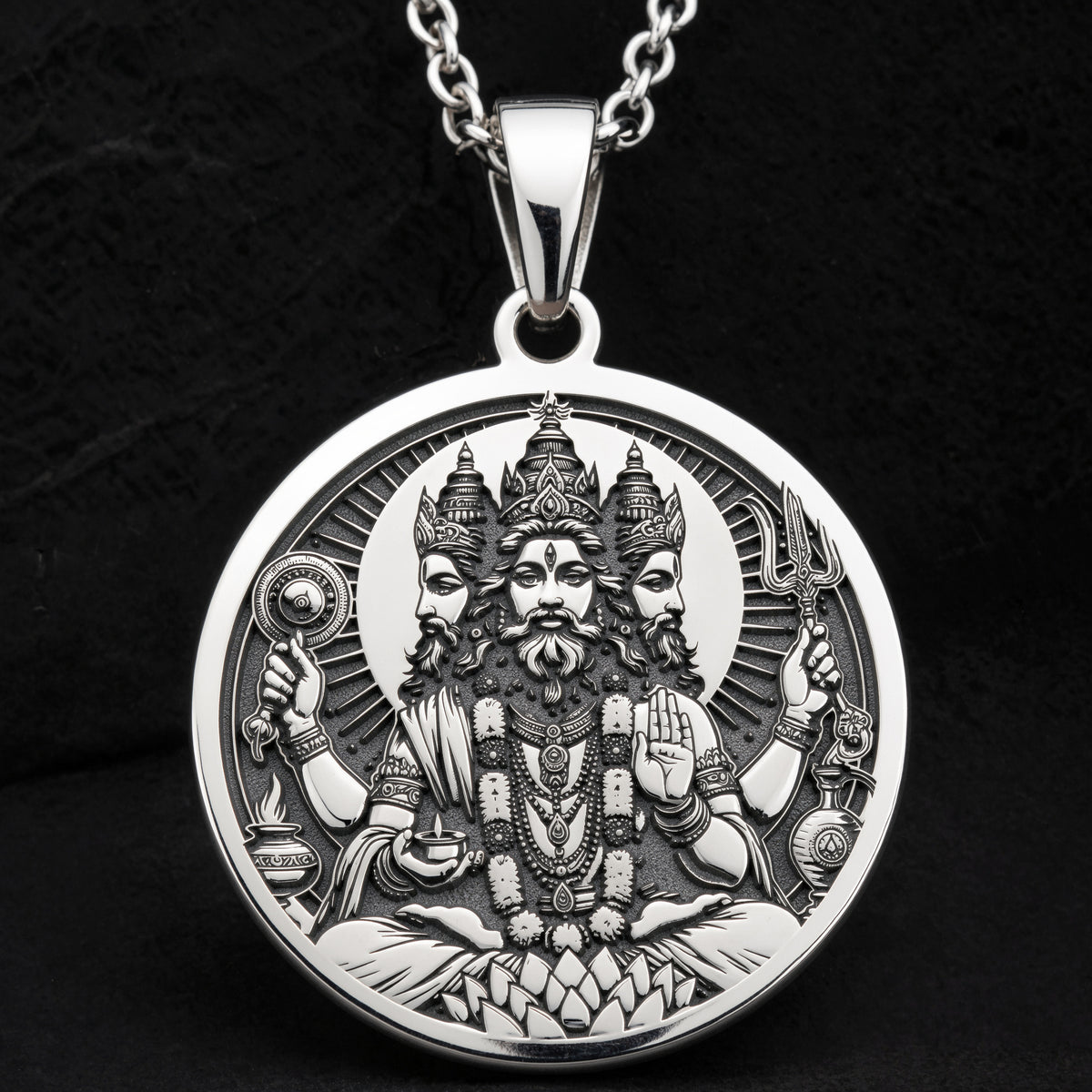 Brahma Creator God Pendant Pendants 925 925 Sterling Silver pendant necklace featuring a detailed round medallion of a bearded deity.
