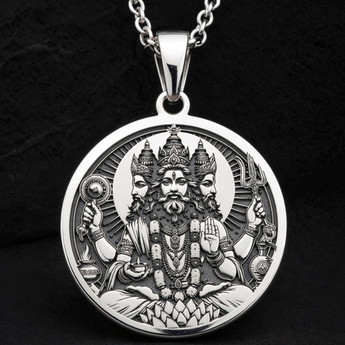Brahma Creator God Pendant Pendants 925 925 Sterling Silver pendant necklace featuring a detailed round medallion of a bearded deity.