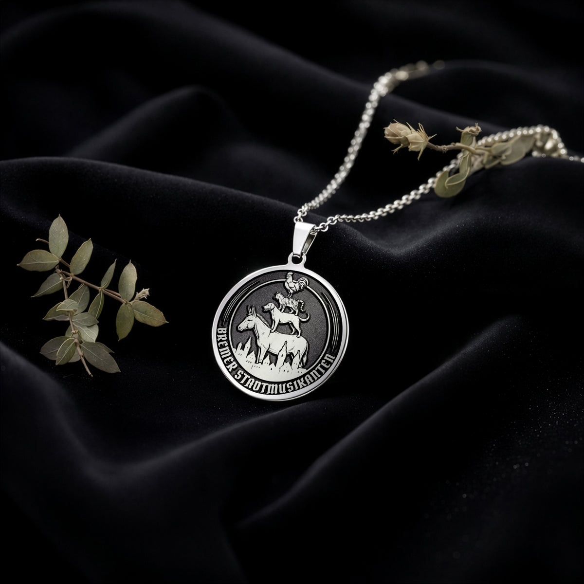 Silver pendant featuring a detailed design of characters from fairy tales, circular shape with an embossed texture, shown from the front view on a dark background