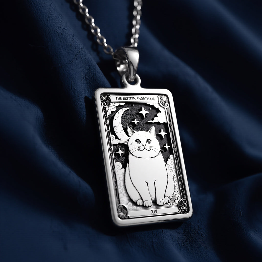 A striking 925 sterling silver British Shorthair charm. The art shows the "teddy bear" cat, a meaningful piece of witchy jewelry for her.
