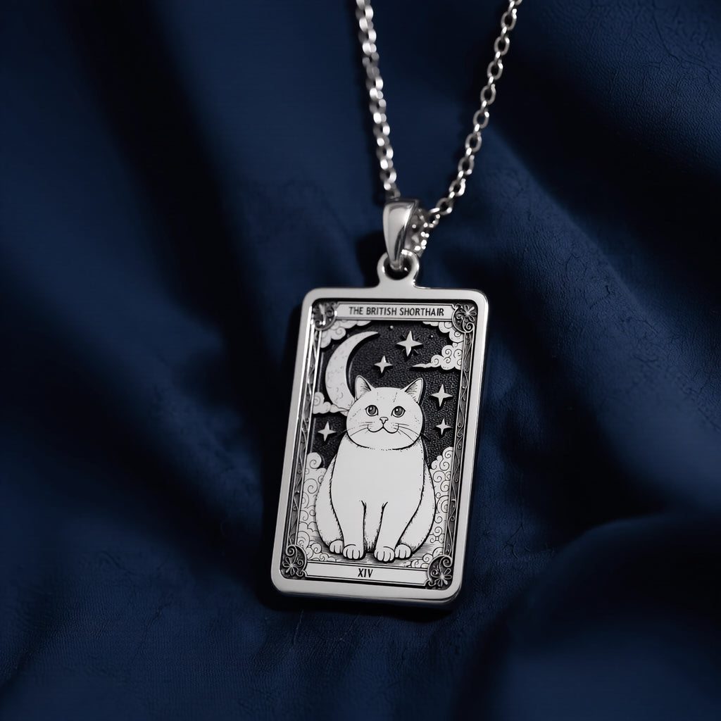 A personalized 925 sterling silver British Shorthair necklace. This gift celebrates the peaceful spirit of the breed, a cherished pet memorial keepsake.