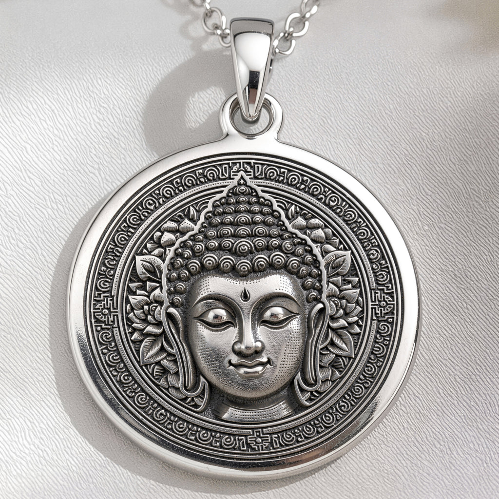 Buddha Medallion Necklace Pendants 925 925 Sterling Silver Buddha face pendant necklace with circular frame