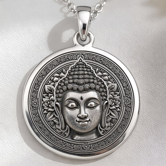 Buddha Medallion Necklace Pendants 925 925 Sterling Silver Buddha face pendant necklace with circular frame