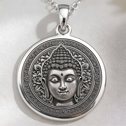 Buddha Medallion Necklace Pendants 925 925 Sterling Silver Buddha face pendant necklace with circular frame