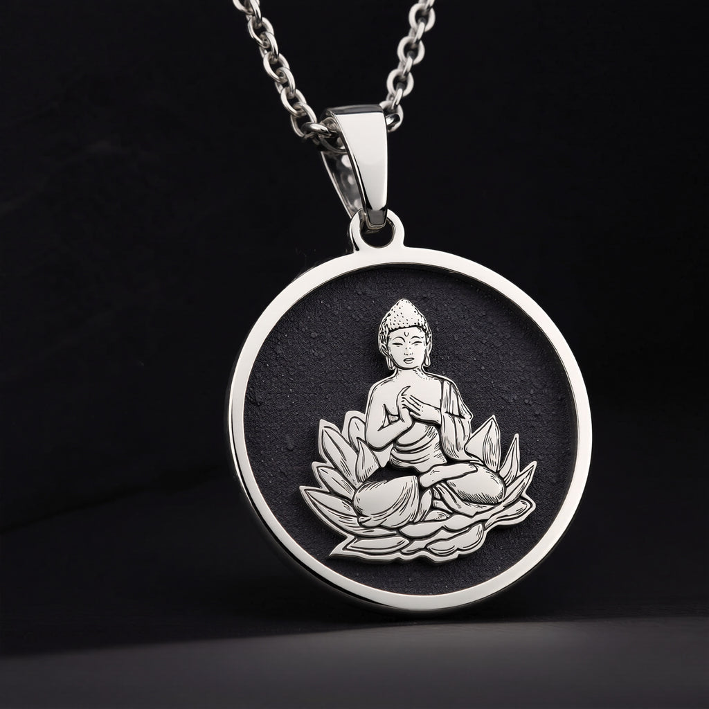 Buddha Lotus Yoga Talisman Necklace Pendants 925 925 Sterling Silver pendant of a seated Buddha on a lotus base necklace