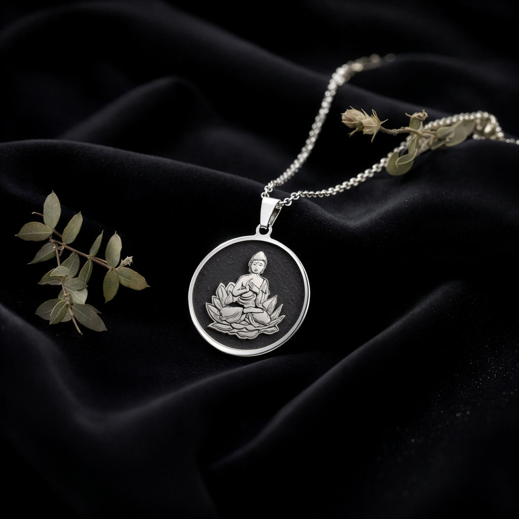 Buddha Lotus Yoga Talisman Necklace Pendants 925 925 Sterling Silver pendant necklace featuring a seated figure with lotus design on a round disc.