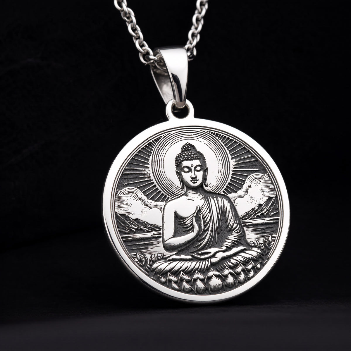 Buddha Medallion Necklace Pendants 925 925 Sterling Silver sterling silver Buddha meditating pendant necklace with circular frame