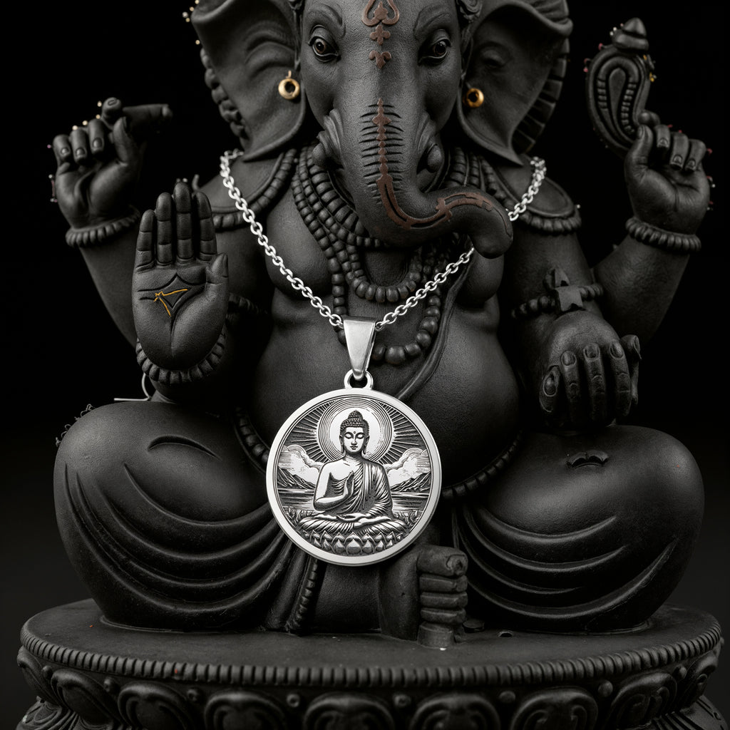 925 925 Sterling Silver Buddha Medallion Necklace Pendants Oxidized silver Ganesha pendant necklace with circular design