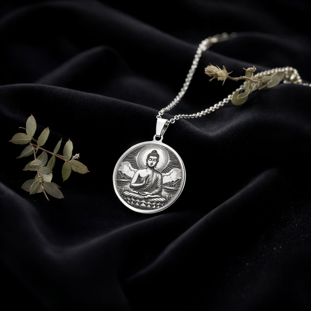 Buddha Medallion Necklace Pendants 925 925 Sterling Silver seated Buddha pendant with circular frame necklace