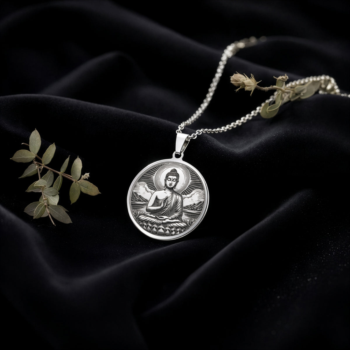 Buddha Medallion Necklace Pendants 925 925 Sterling Silver seated Buddha pendant with circular frame necklace