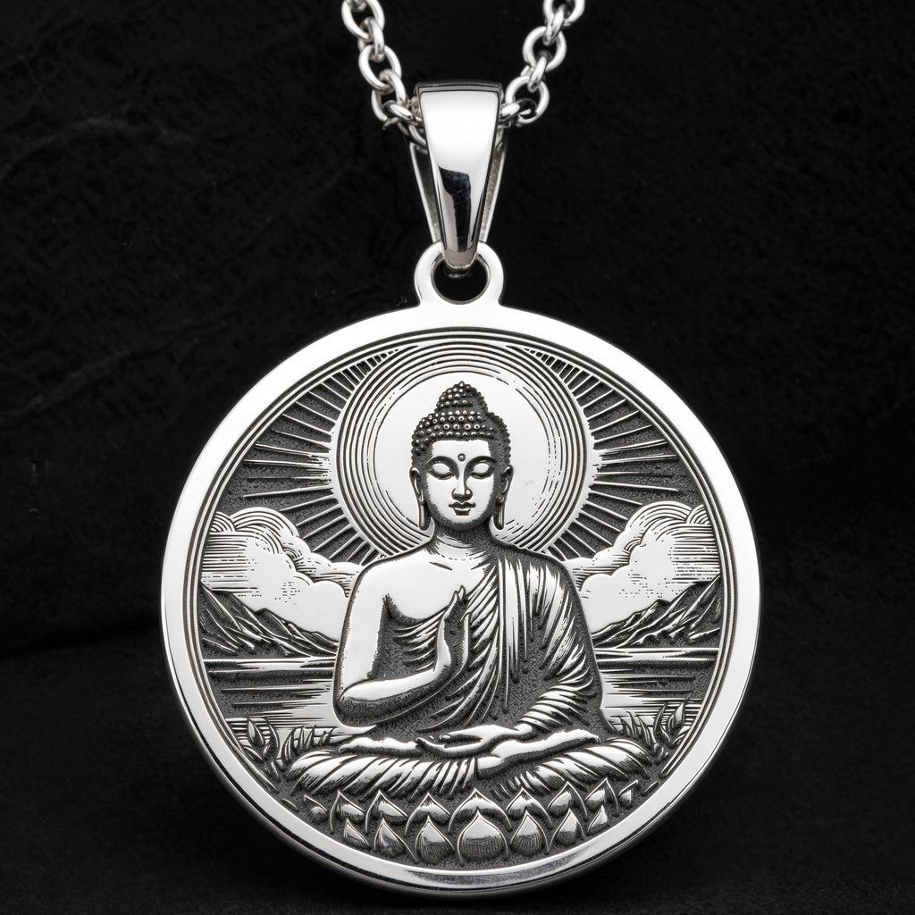 Buddha Medallion Necklace Pendants 925 925 Sterling Silver pendant of a meditating Buddha in a halo with clouds and lotus base necklace