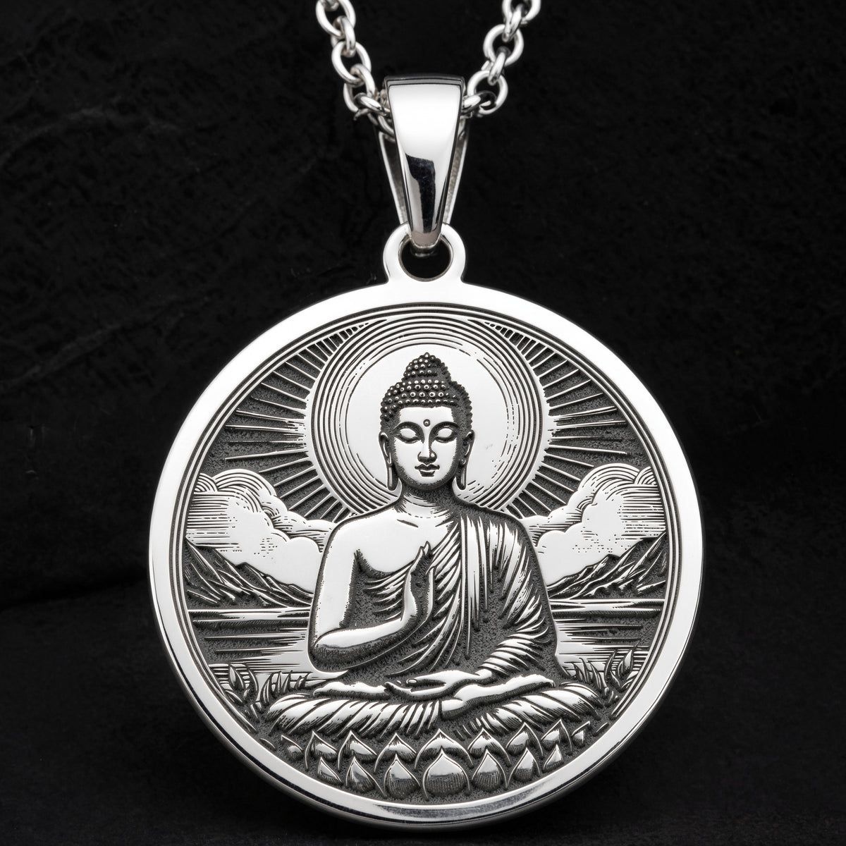 Buddha Medallion Necklace Pendants 925 925 Sterling Silver pendant of a meditating Buddha in a halo with clouds and lotus base necklace