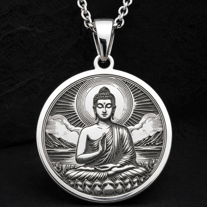 Buddha Medallion Necklace Pendants 925 925 Sterling Silver pendant of a meditating Buddha in a halo with clouds and lotus base necklace