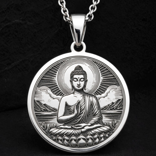 Buddha Medallion Necklace Pendants 925 925 Sterling Silver pendant of a meditating Buddha in a halo with clouds and lotus base necklace
