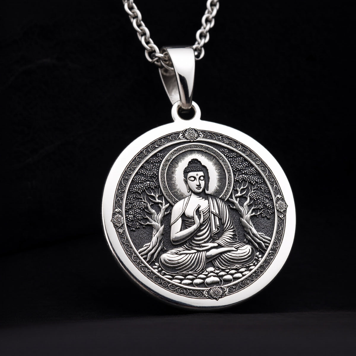 Meditating Buddha Mindfulness Pendant Necklaces 925 925 Sterling Silver seated Buddha pendant necklace with circular frame and detailed engraving.