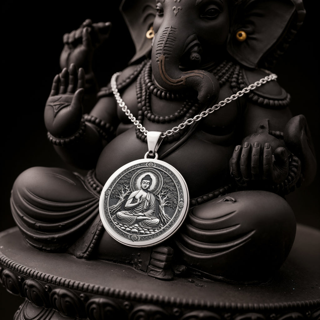 Meditating Buddha Mindfulness Pendant Necklaces 925 925 Sterling Silver round pendant with seated spiritual figure design necklace