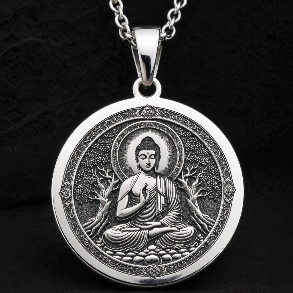 Meditating Buddha Mindfulness Pendant Necklaces 925 925 Sterling Silver pendant of a meditating Buddha with tree motifs on a chain necklace
