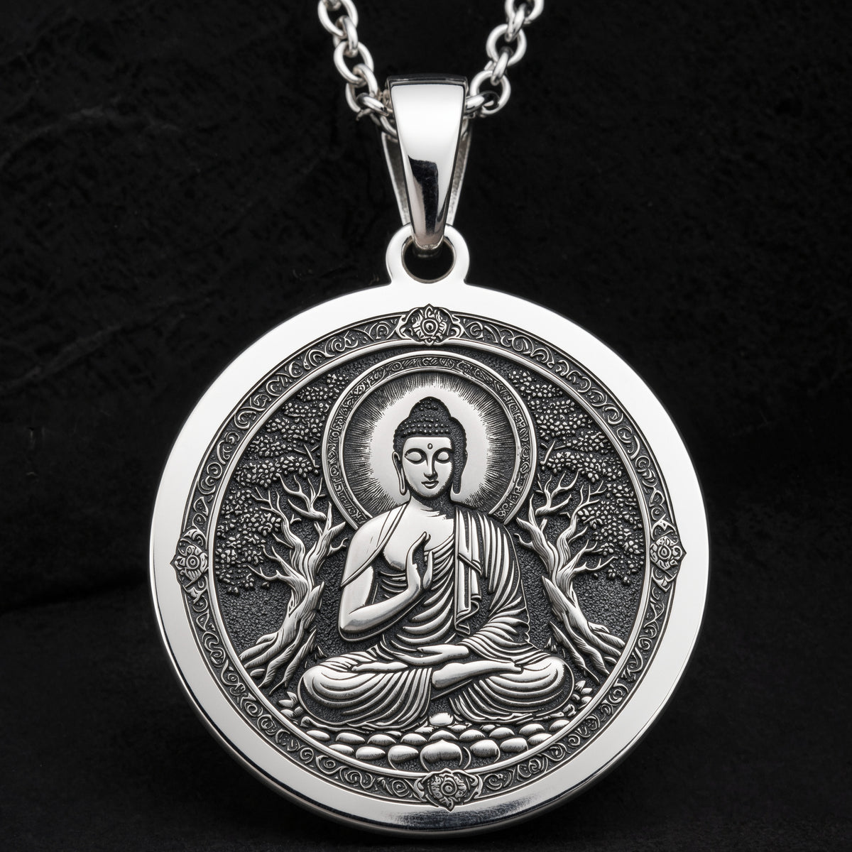 Meditating Buddha Mindfulness Pendant Necklaces 925 925 Sterling Silver pendant of a meditating Buddha with tree motifs on a chain necklace