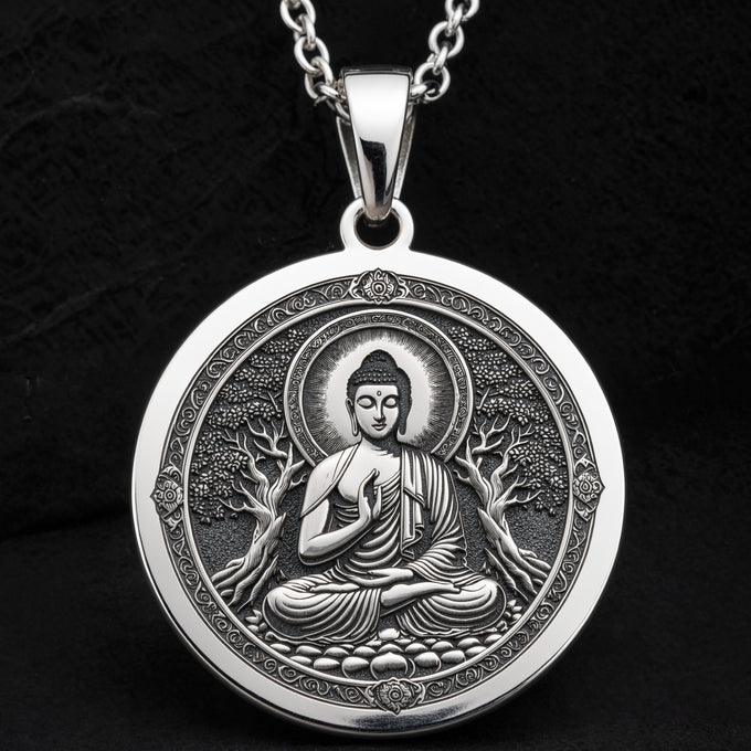 Meditating Buddha Mindfulness Pendant Necklaces 925 925 Sterling Silver pendant of a meditating Buddha with tree motifs on a chain necklace