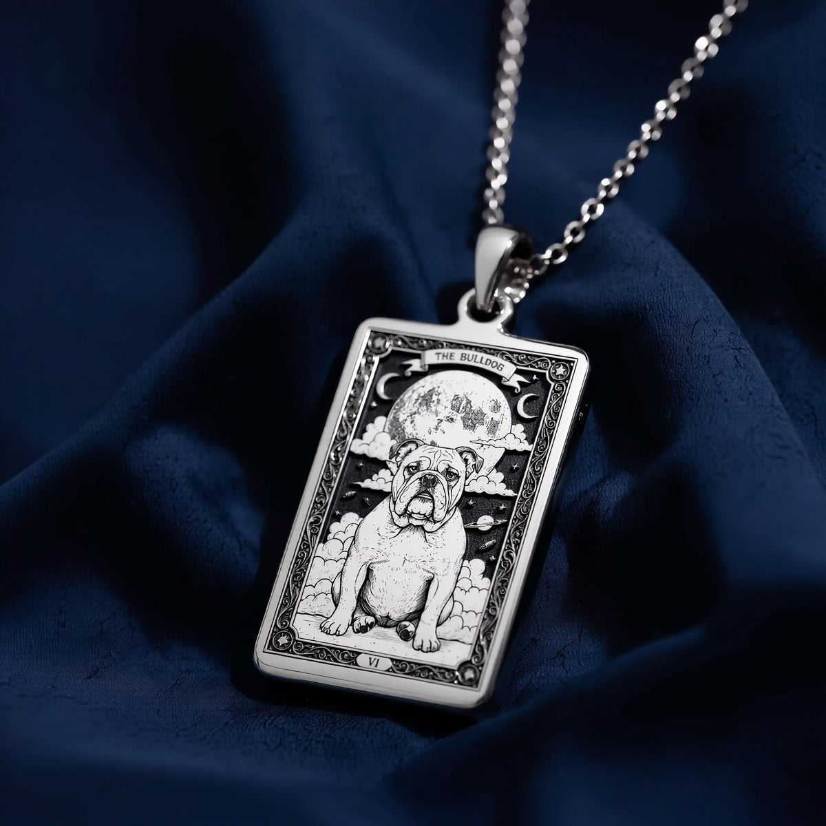 A striking 925 sterling silver Bulldog charm. The art shows the stoic pet, a meaningful piece of celestial jewelry for a pet owner.