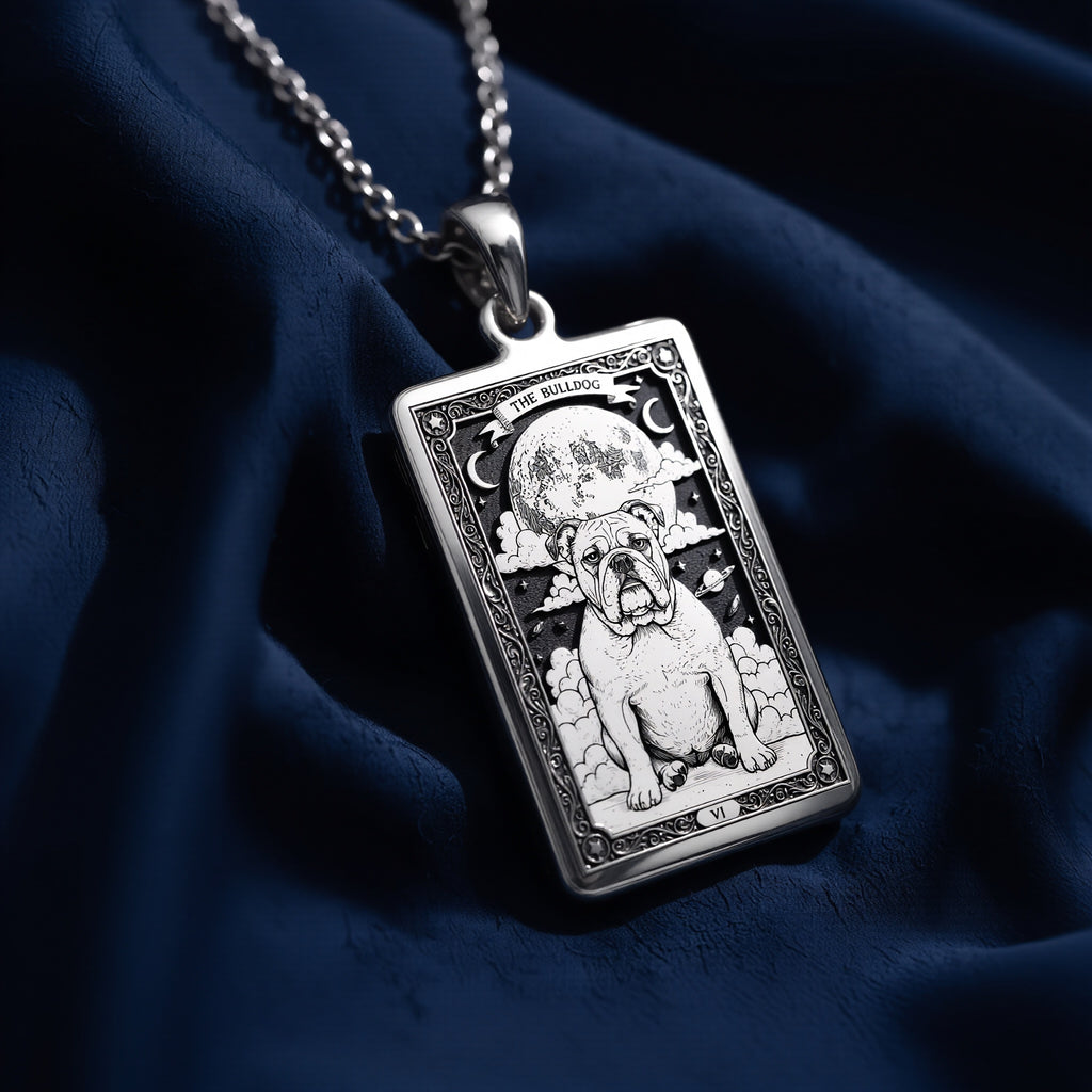 A personalized 925 sterling silver Bulldog necklace. This gift celebrates the loving heart of the Bulldog, a cherished pet memorial keepsake.