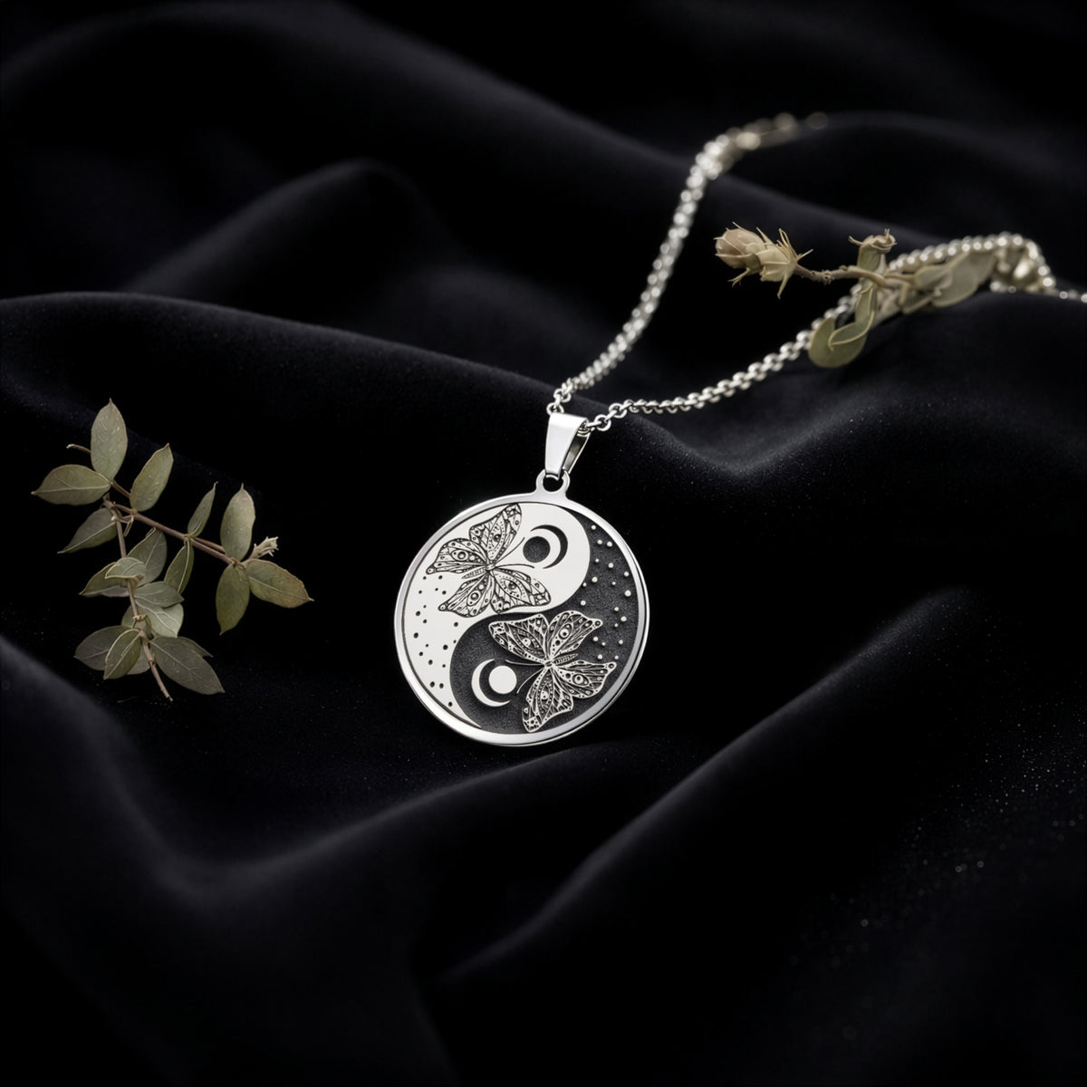 Butterfly Yin Yang Celestial Pendant Pendants 925 925 Sterling Silver metal pendant with interlocking floral motifs on a round shape.