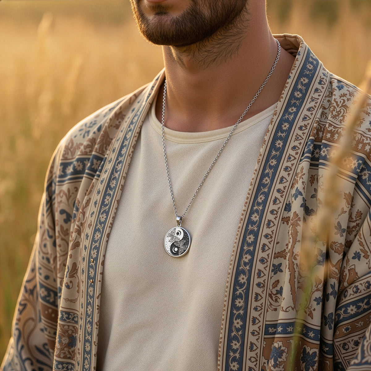 Butterfly Yin Yang Celestial Pendant Pendants 925 925 Sterling Silver round pendant with an intertwined symbol necklace in a lifestyle setting.