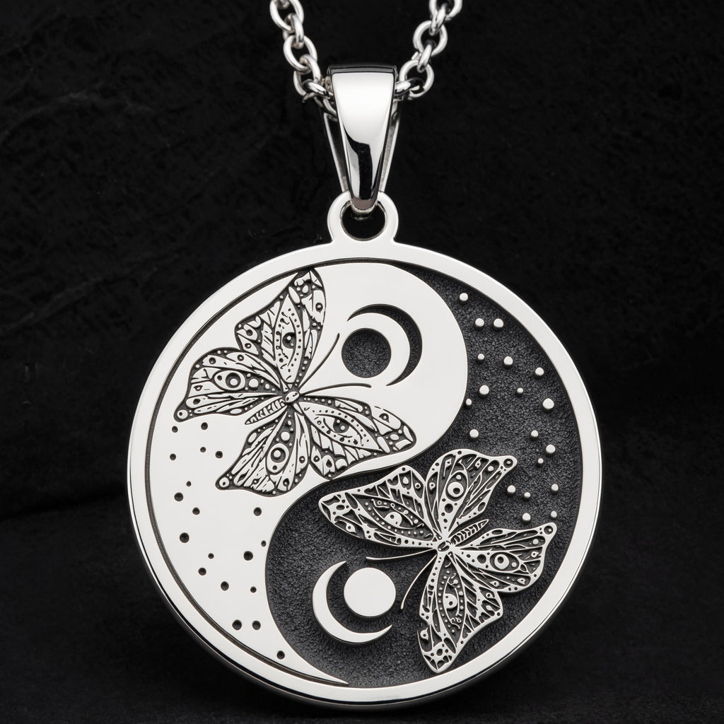 Butterfly Yin Yang Celestial Pendant Pendants 925 925 Sterling Silver round pendant with two butterflies and a crescent moon design necklace