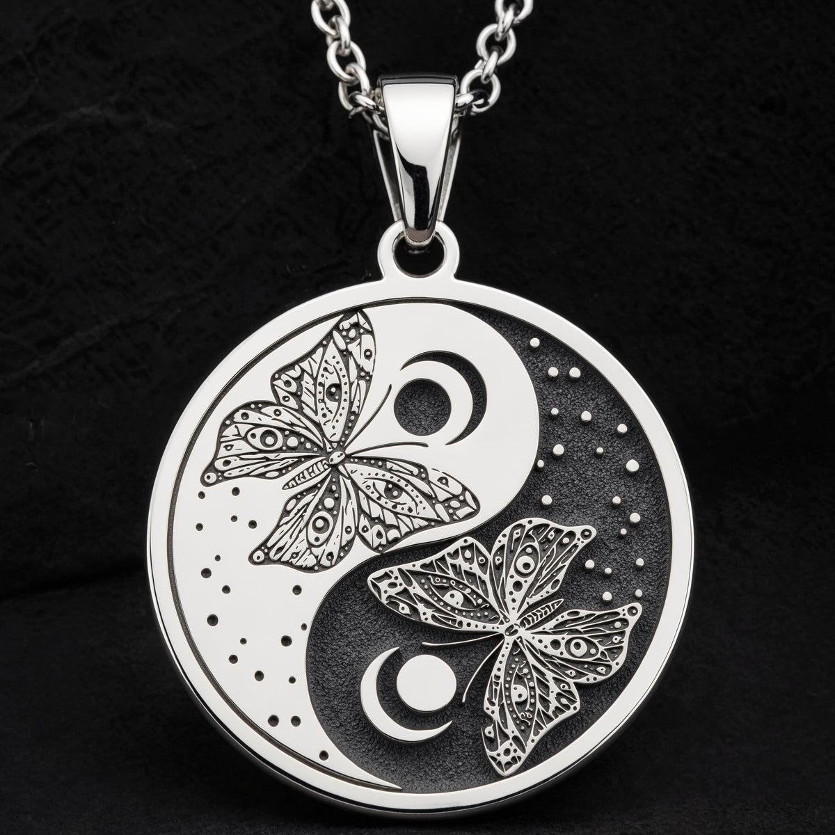 Butterfly Yin Yang Celestial Pendant Pendants 925 925 Sterling Silver round pendant with two butterflies and a crescent moon design necklace