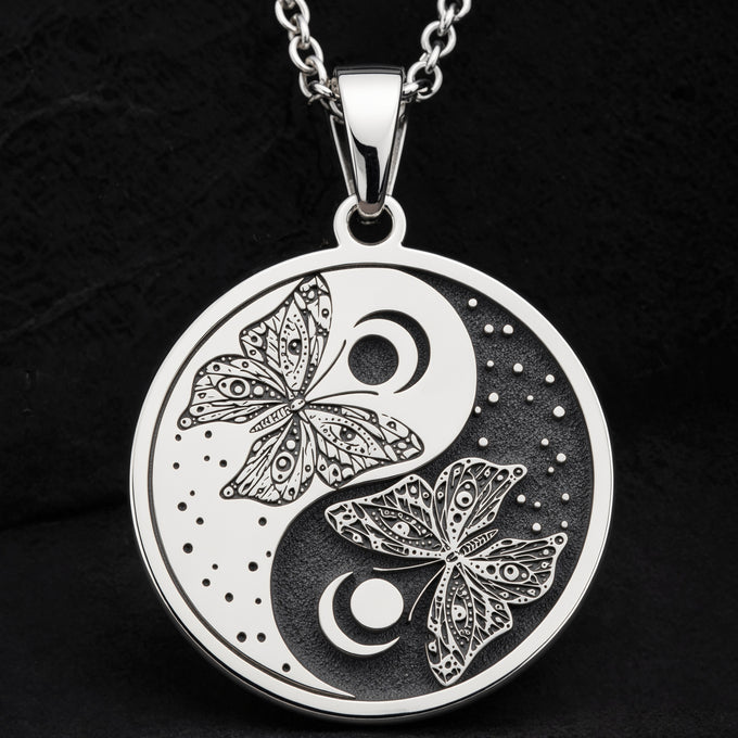 Butterfly Yin Yang Celestial Pendant Pendants 925 925 Sterling Silver round pendant with two butterflies and a crescent moon design necklace