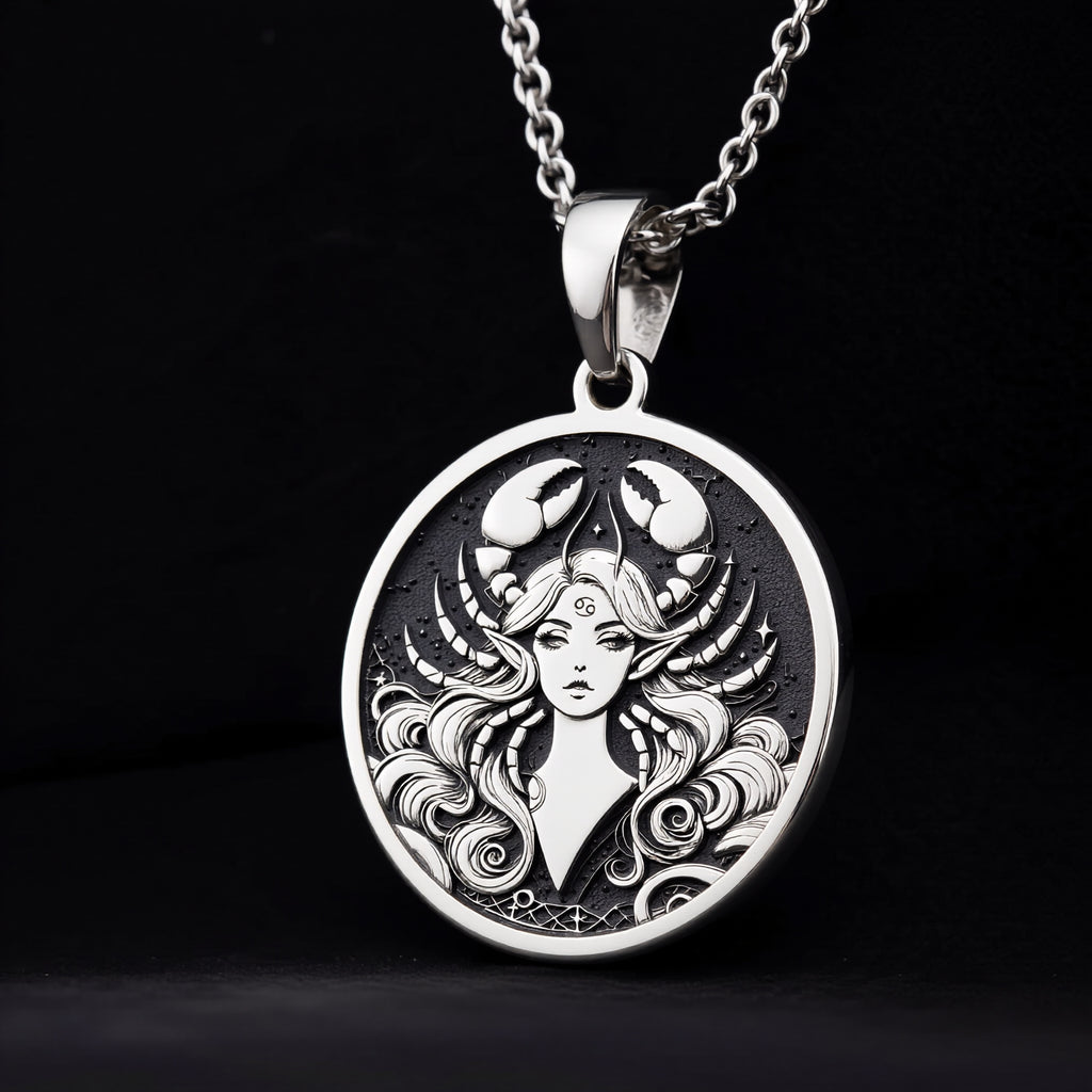 Cancer Zodiac Astrological Sign Pendant Pendants 925 925 Sterling Silver pendant necklace featuring a stylized female face with horns and flowing hair.