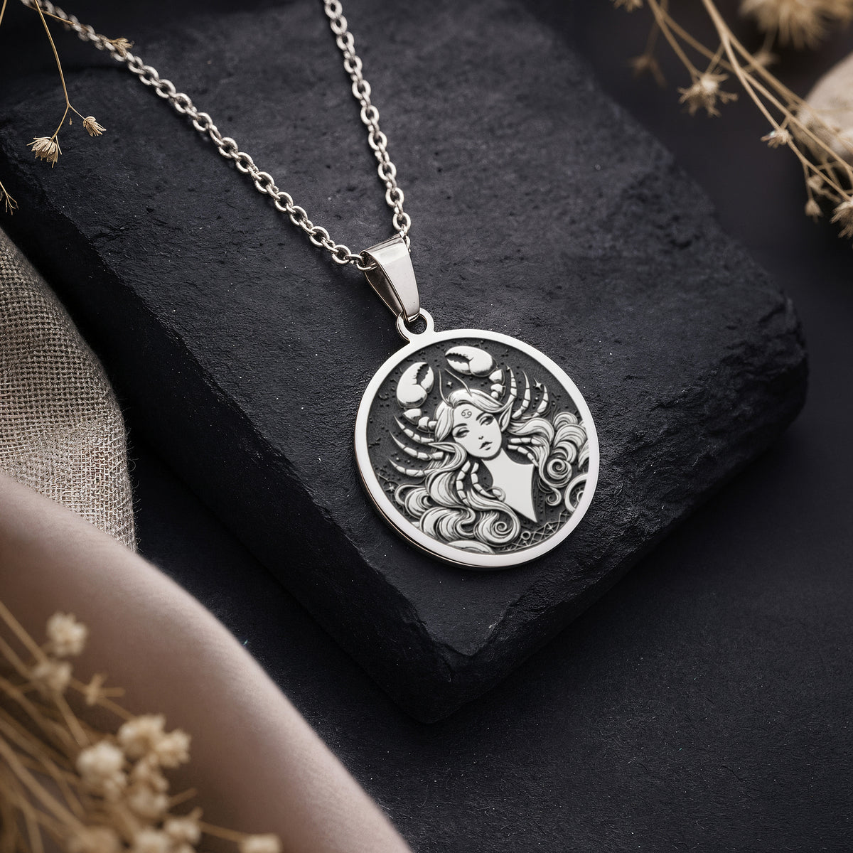 Cancer Zodiac Astrological Sign Pendant Pendants 925 925 Sterling Silver pendant necklace featuring a detailed portrait of a woman in a circular design.