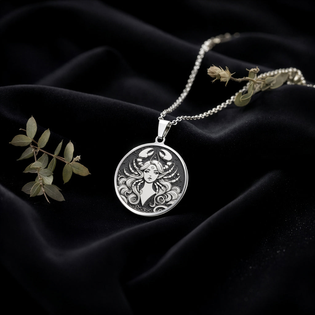 Cancer Zodiac Astrological Sign Pendant Pendants 925 925 Sterling Silver round pendant with an ornate woman face design on a chain.