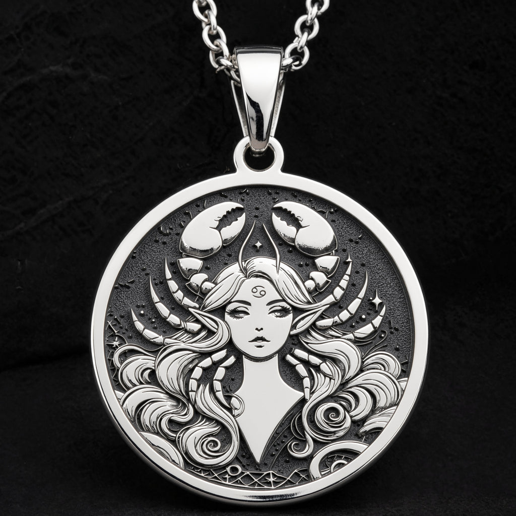 925 925 Sterling Silver Cancer Zodiac Astrological Sign Pendant Pendants Oxidized silver round pendant featuring a stylized female face with horns and flowing hair necklace
