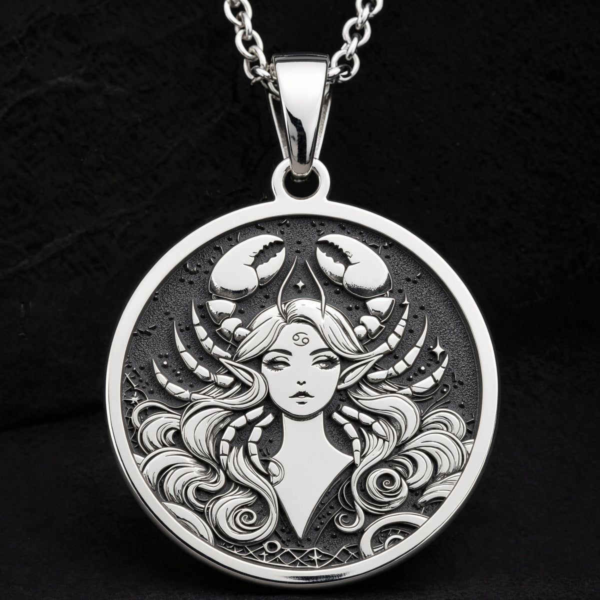 925 925 Sterling Silver Cancer Zodiac Astrological Sign Pendant Pendants Oxidized silver round pendant featuring a stylized female face with horns and flowing hair necklace