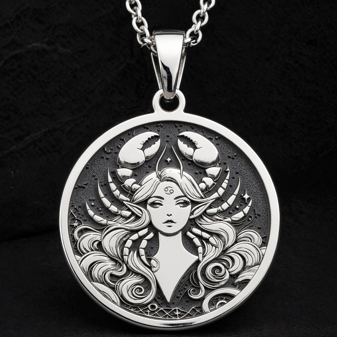 925 925 Sterling Silver Cancer Zodiac Astrological Sign Pendant Pendants Oxidized silver round pendant featuring a stylized female face with horns and flowing hair necklace