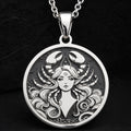925 925 Sterling Silver Cancer Zodiac Astrological Sign Pendant Pendants Oxidized silver round pendant featuring a stylized female face with horns and flowing hair necklace