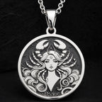 925 925 Sterling Silver Cancer Zodiac Astrological Sign Pendant Pendants Oxidized silver round pendant featuring a stylized female face with horns and flowing hair necklace