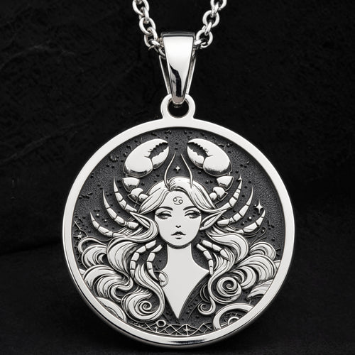 925 925 Sterling Silver Cancer Zodiac Astrological Sign Pendant Pendants Oxidized silver round pendant featuring a stylized female face with horns and flowing hair necklace
