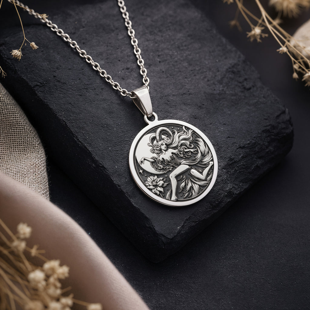 Capricorn Goat Zodiac Pendant Pendants 925 925 Sterling Silver sterling silver pendant featuring an ornate classical female figure on a round disc necklace.