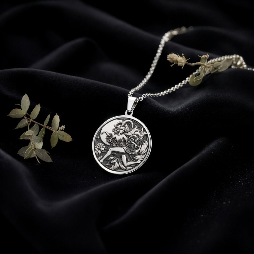 Capricorn Goat Zodiac Pendant Pendants 925 925 Sterling Silver round pendant featuring a classical figure design on a chain.