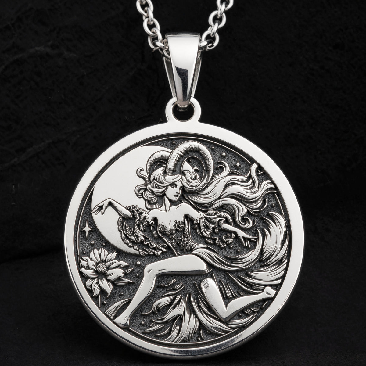 Capricorn Goat Zodiac Pendant Pendants 925 925 Sterling Silver sterling silver pendant featuring a reclining female figure design on a round disc.
