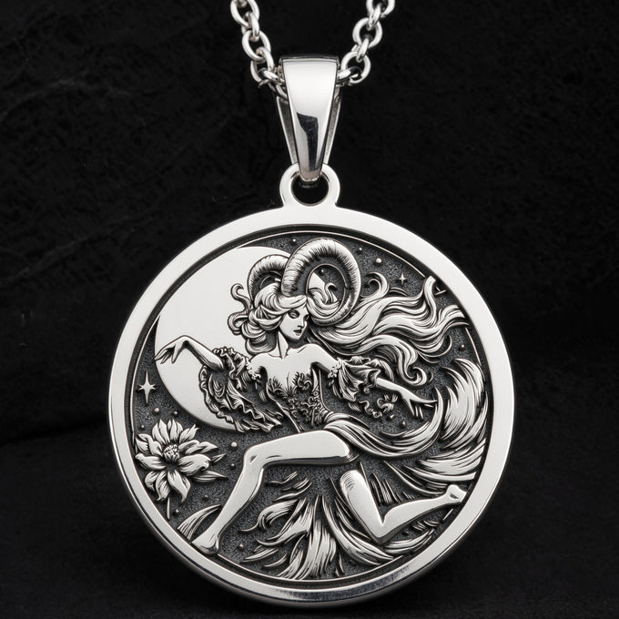 Capricorn Goat Zodiac Pendant Pendants 925 925 Sterling Silver sterling silver pendant featuring a reclining female figure design on a round disc.