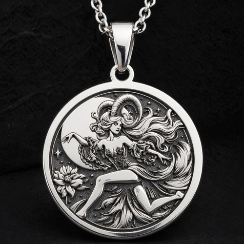 Capricorn Goat Zodiac Pendant Pendants 925 925 Sterling Silver sterling silver pendant featuring a reclining female figure design on a round disc.