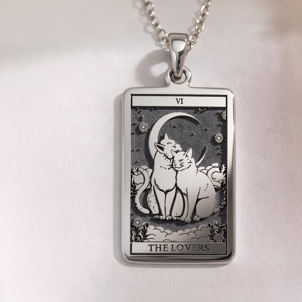 Cat Tarot Rider Waite Amulet Necklace in 925 Sterling Silver & Plated 18mm — detail view — Shop Luminous Luxury Crafts