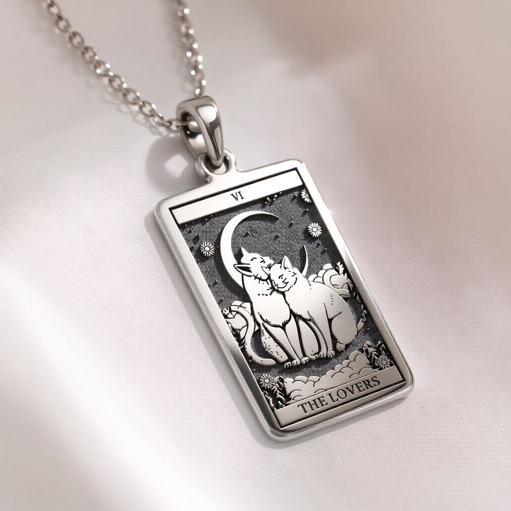 Cat Tarot Rider Waite Amulet Necklace in 925 Sterling Silver & Plated 18mm — side view — Shop Luminous Luxury Crafts