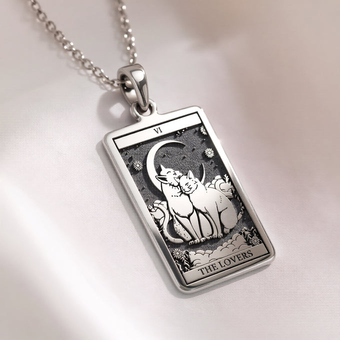 Cat Tarot Rider Waite Amulet Necklace in 925 Sterling Silver & Plated 18mm — side view — Shop Luminous Luxury Crafts