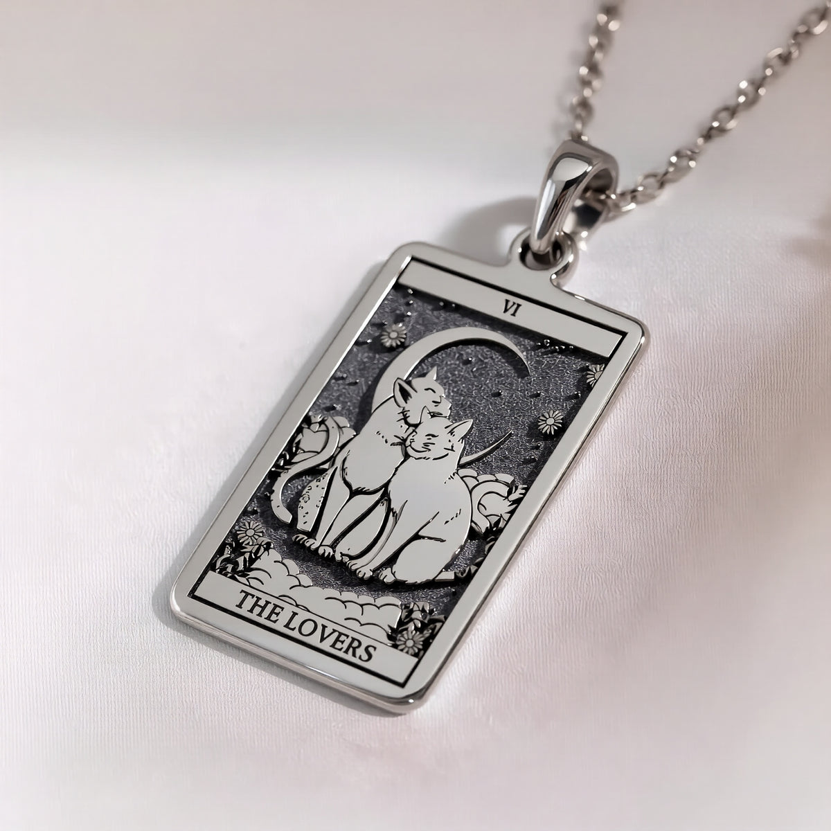 Cat Tarot Rider Waite Amulet Necklace in 925 Sterling Silver & Plated 18mm — lifestyle view — Shop Luminous Luxury Crafts