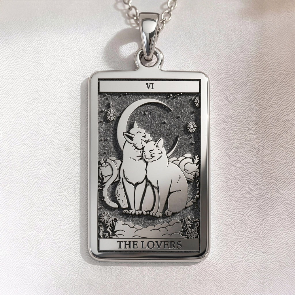 Cat Tarot Rider Waite Amulet Necklace in 925 Sterling Silver & Plated 18mm — front view — Shop Luminous Luxury Crafts